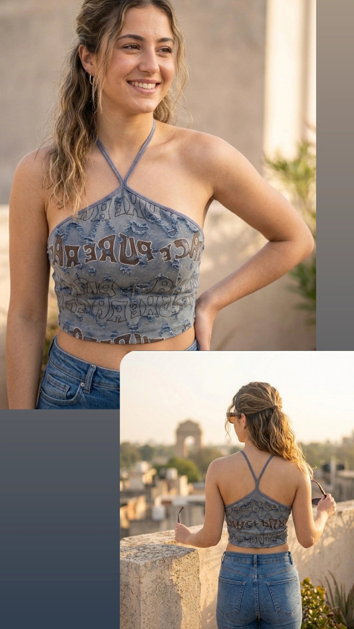 Vintage Graphic halter neck top- Blue